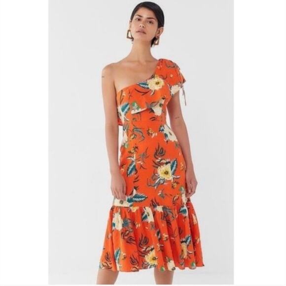 Urban Outfitters Carmen Tropical Floral Linen One Shoulder Ruffle Midi Dress S - Picture 1 of 10